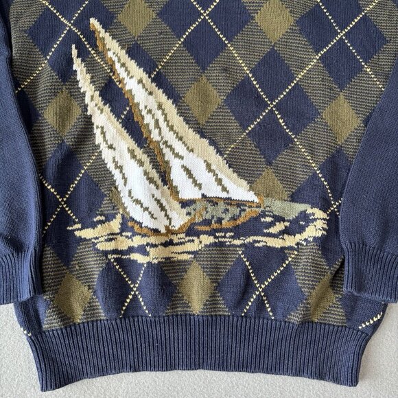 Vintage 90s Nautica Scotland Cup Sailboats Knit Pattern Sweater Men's XL Blue - Picture 3 of 15